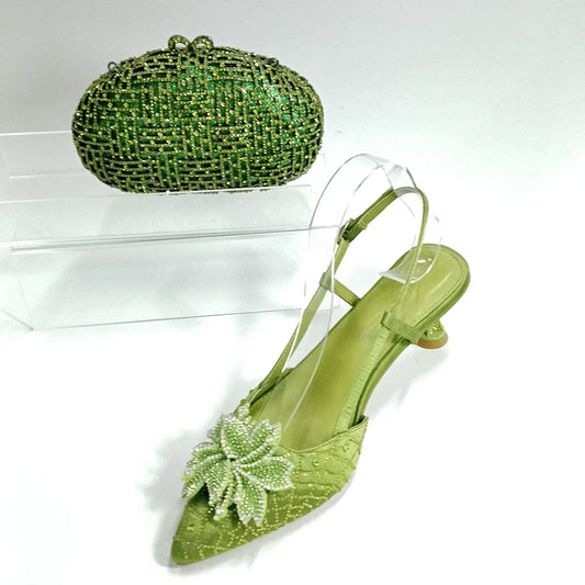 INSIGHTLINK Women Olive Green Pointed-Toe Sandals Women's High Heels Shoes and Bags for Party Rhinestone Evening Bags And Shoes