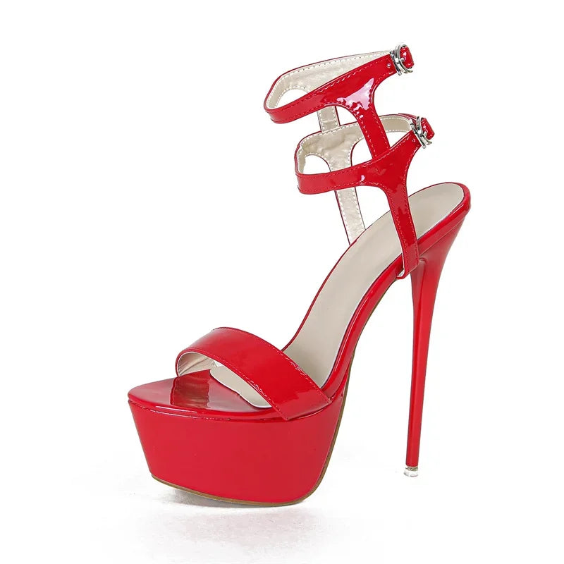 Sexy Red High Heels Platform Sandals For Women Fashion Double Buckle Strap Open Toe Wedding Banquet Shoes Big Size 45 46