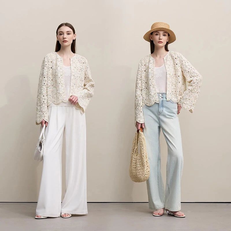 Amii Women Jackets 2026 Spring New Elegant Round Neck Hollow Crochet Jacket Women's Loose Short Cotton Long Sleeve Tops 12621069