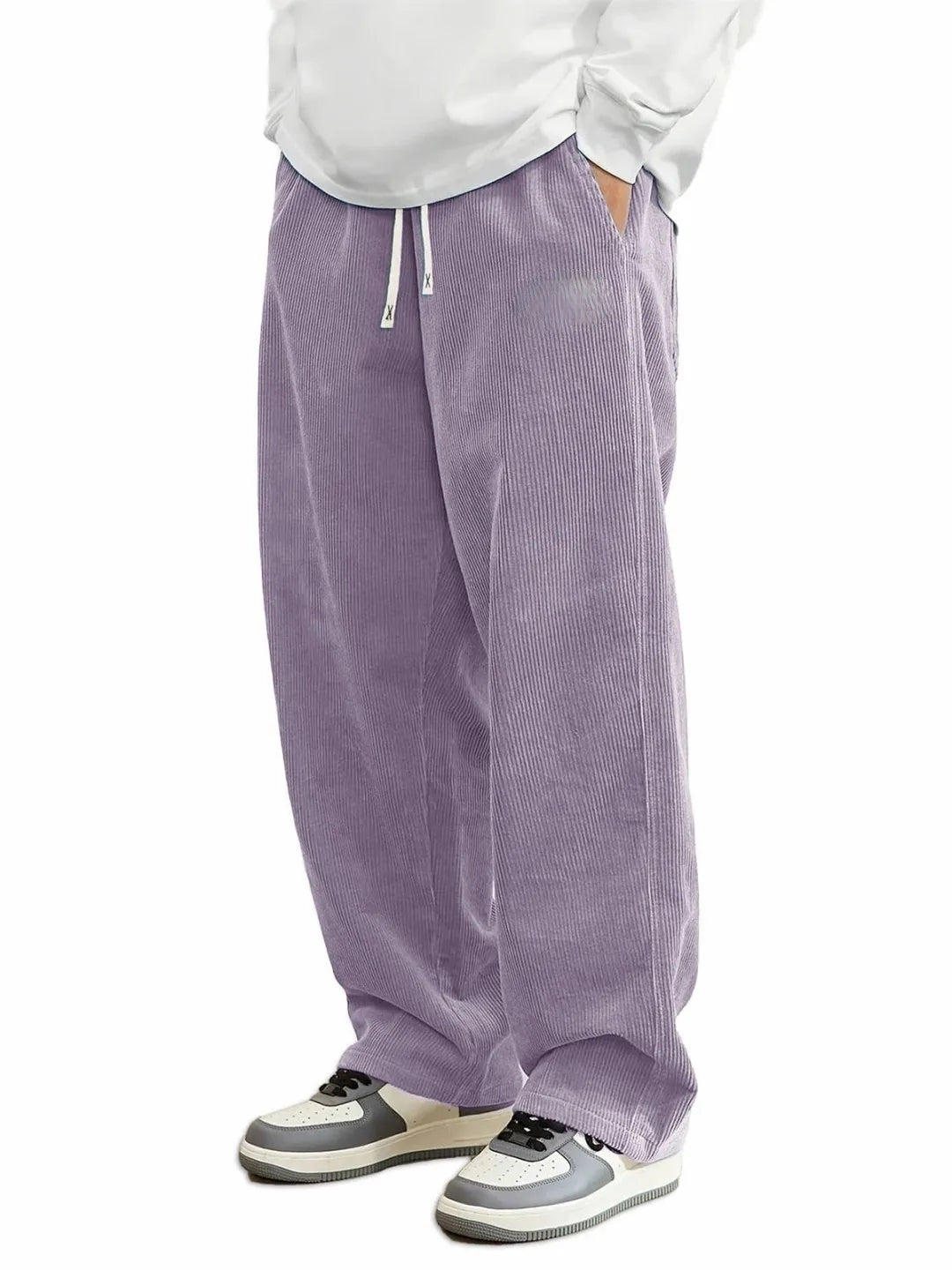Summer Mens Corduroy Casual Pants, Loose Straight Fit Sweatpants with Elastic Waist & Drawstring, Men Outdoor Streetwear Trouser