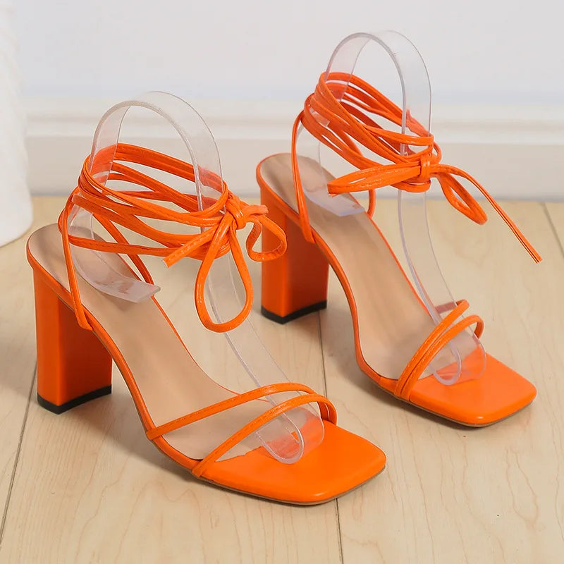 2024 women's summer oversized women's shoes wearing square toe tie up high heels, cross tie up sandals women's slippers