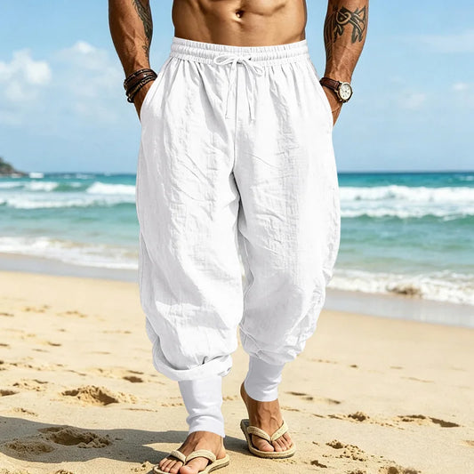American Casual Men Linen Summer Drawstring Jogger Pants Loose Cuffed Trousers