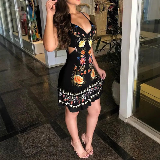 Sexy Dress for Women New Fashion 2024 Summer Elegant Hollow Suspender V-Neck Exposed Waist Printed Dresses Casual Short Skirt