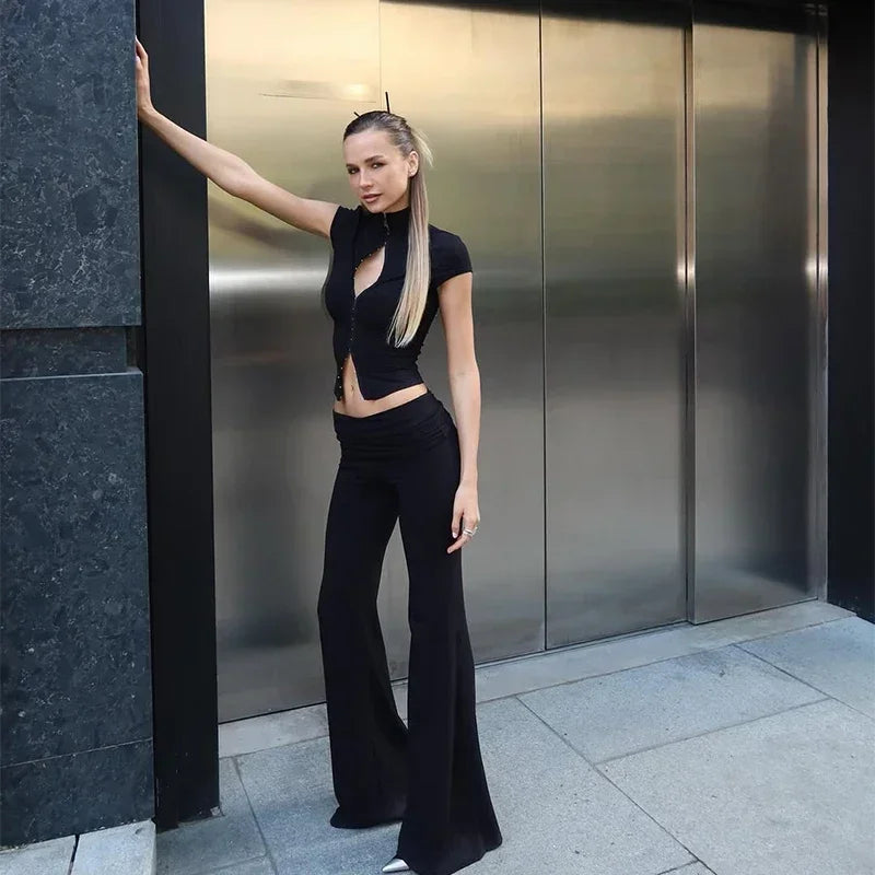 Y2k Black Hollow Out Slit Dress Women Solid Short Sleeve High Neck Slim Fit Maxi Dresses Lady Fashion Evening Party Club Robe