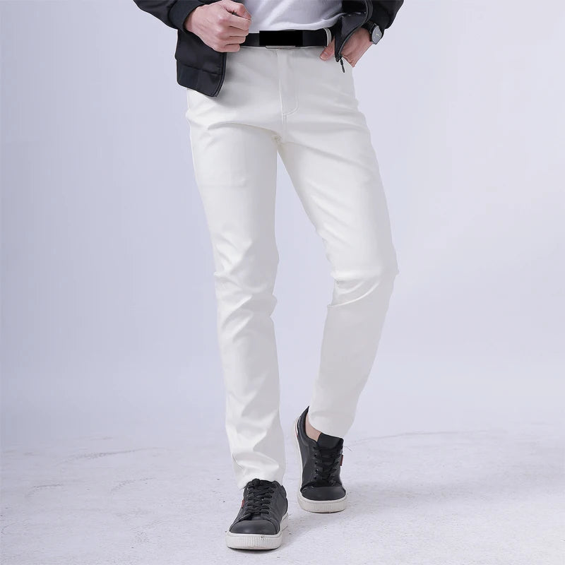 Men Leather Pants Skinny Fit Elasti Fashion PU Leather Trousers Motorcycle Pants Wet Look Stretch Faux Leather Streetwear