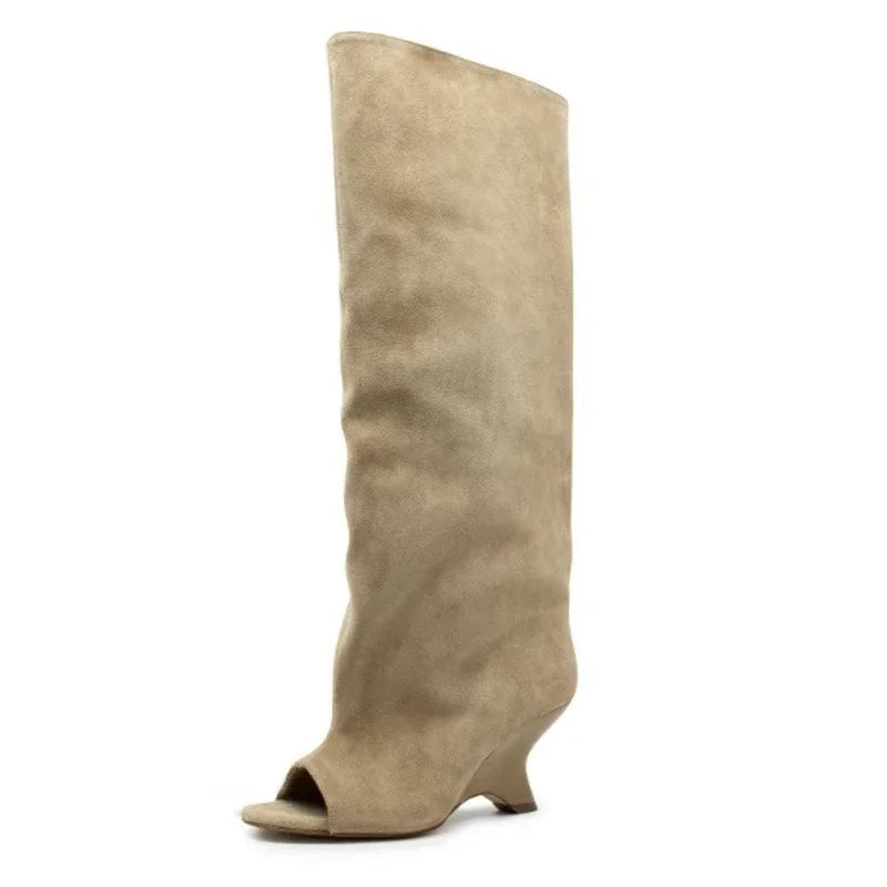 2025 European AndAmerican Nichedesign Versatileopen Toe Long Tube Cool Boots for Women, Crocodile Patterned Irregular High Heels