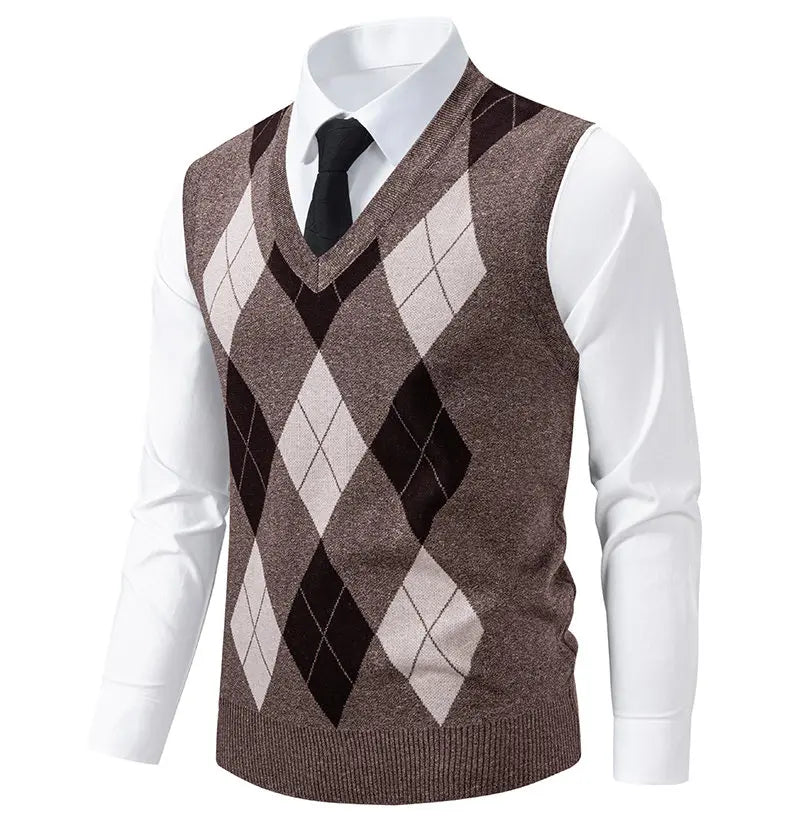 Mens Business Casual Knit Vest Classic Argyle Light Weight Knitwear Suit Vest Versatile Sleeveless Pullover Vests
