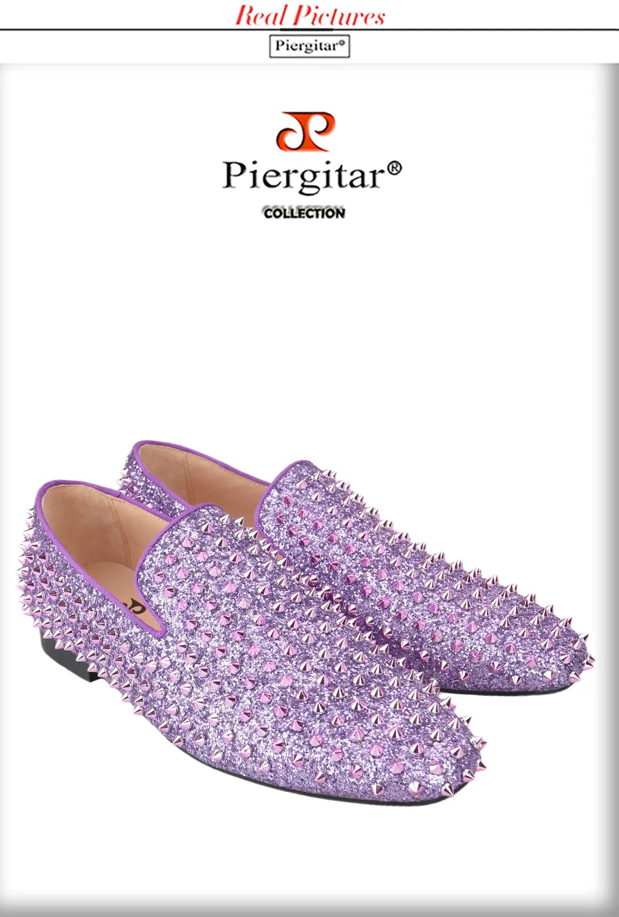 Piergitar Handmade Purple Spikes Men's Loafers For Party and Banquet Wear CL Same Classic Model Red Outsole Slip-On Flats