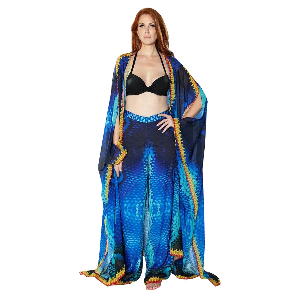 African Dresses for Women See-Through Chiffon Sexy V-neck Bohemian Printing Maxi Dresses Africa Kimono Bikini Holiday Beachwear