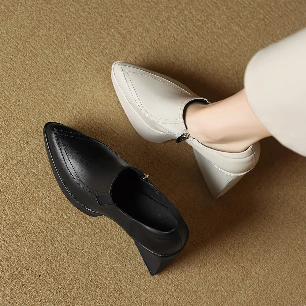 Aucegi New Spring Autumn Women Genuine Leather Pumps Classic Style Pointed Toe Platform Chunky Heel Retro Zipper Handmade Shoes