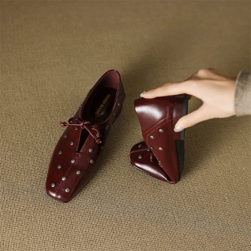 Dilalula 2025 Spring Genuine Leather Rivet Pumps Women Lace Up Low Thick Heels Soft Back Young Women Leather Leisure Pumps