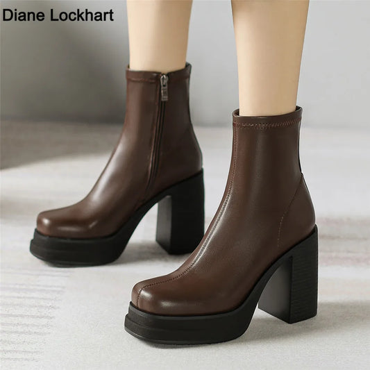 2025 NEW Brand Women Autumn Winter Boots Sexy High Heels Platform Black Brown Side Zip Shoes Woman Ankle Boots Size 33-41