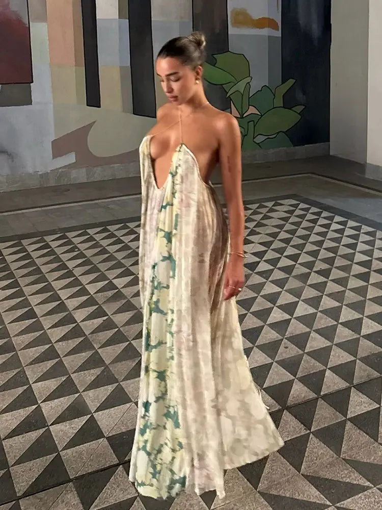 HH Summer Fashion Seaside Vacation Style Elegant Suspender Dress With Flower Print Backless Sleeveless Sexy Midi Dresses