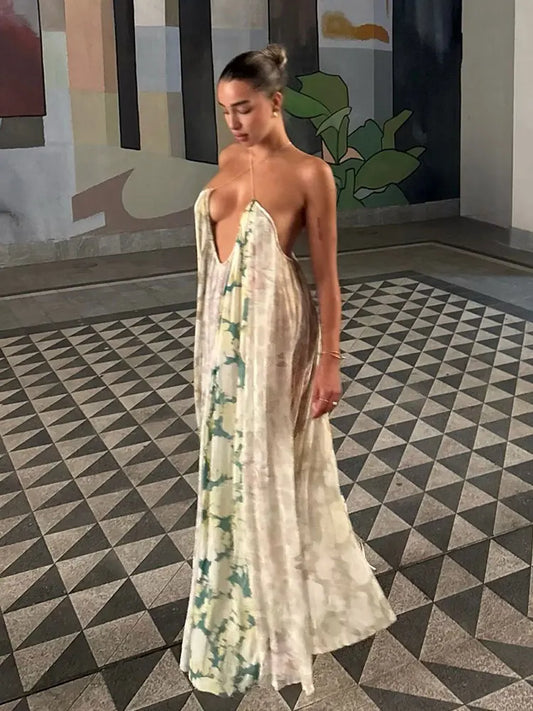 HH Summer Fashion Seaside Vacation Style Elegant Suspender Dress With Flower Print Backless Sleeveless Sexy Midi Dresses