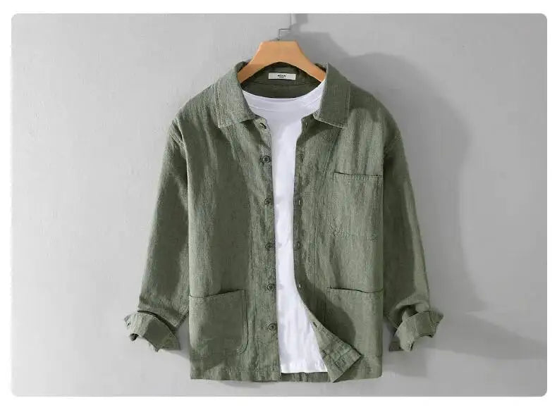 Autumn Retro Tooling Linen Jacket For Men Japanese Styles Sold Color Simple Versatile Multi-pocket Male Thin Jackets and Coats