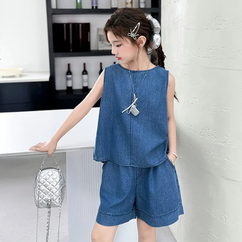 High Fashion Children Summer Denim Suit for Girls Casual Vest + Shorts 2 Piece Clothing Set Kids Trendy Street Outfit Age 5-14 Y