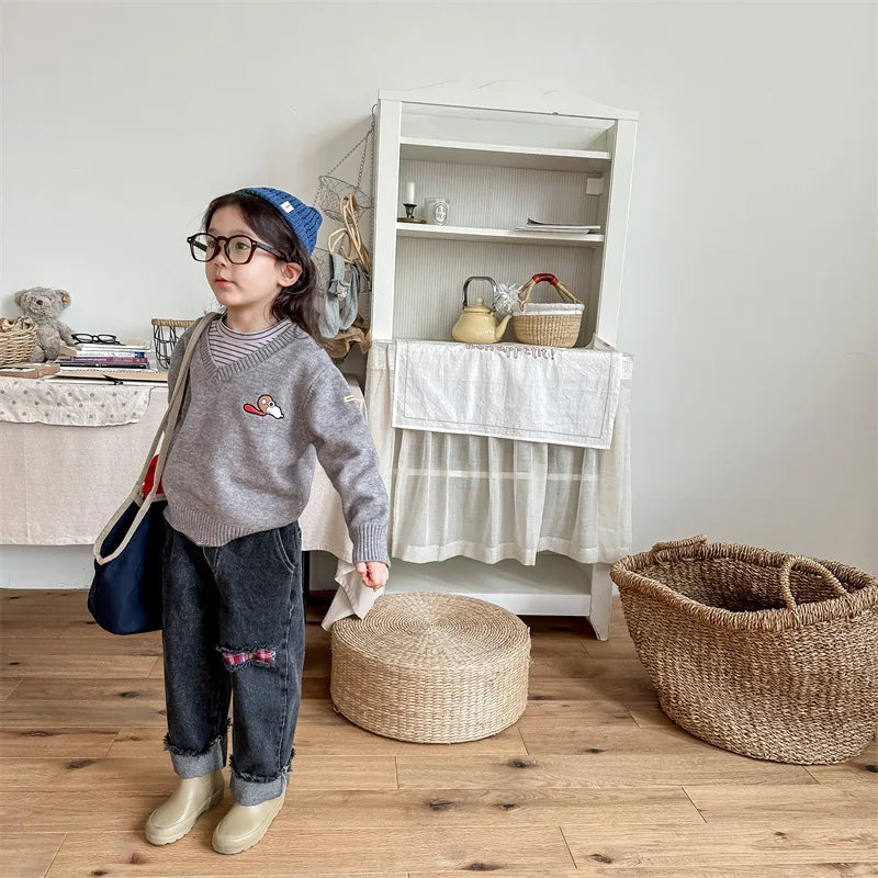 2023 Autumn Spring Baby Girls Boys Denim Pants Loose Fashion Korean Style Kids Casual Jeans Toddler Trouser Children's Clothes