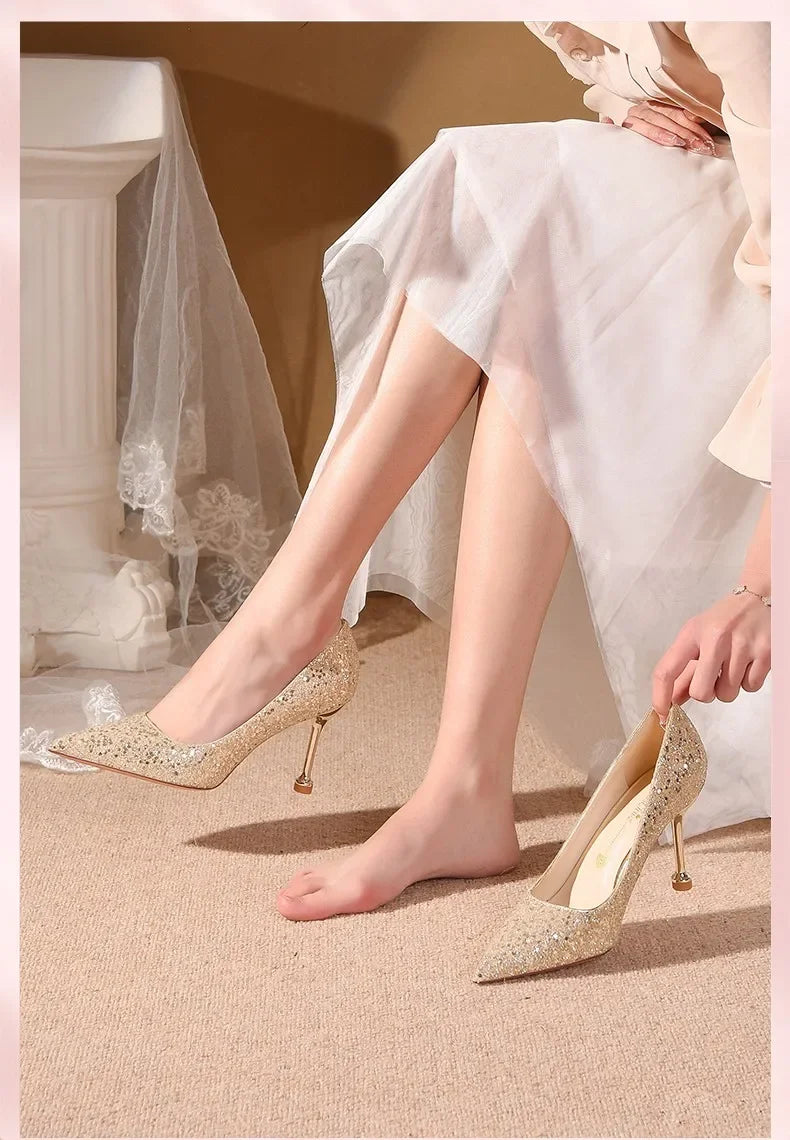 2025 New Women Pumps High Heel Metal Pointed Toe Shallow Sexy Ladies Bling Bridal Wedding Women Shoes White High Heels