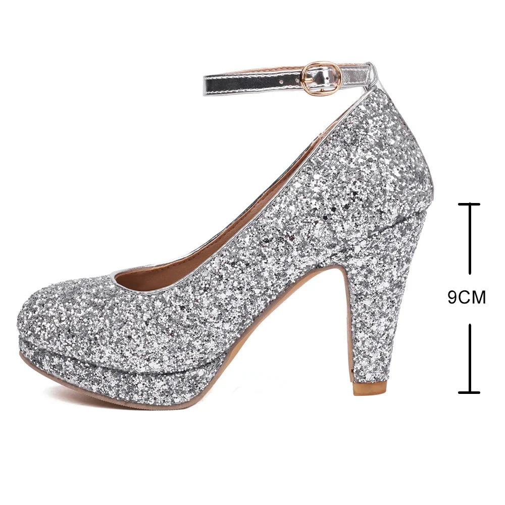 2025 Summer New Shiny Sequins High Heels Women Platform Sandals Party Dress Wedding Pumps Ladies Shoes Gold Silver Zapatos Mujer