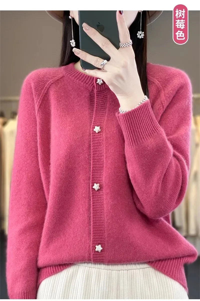 New Women Cardigan Sweater Autumn/Winter Round Neck Star Button Solid Knit Bottoming Shirt Jacket Quality Knitwear Female Tops