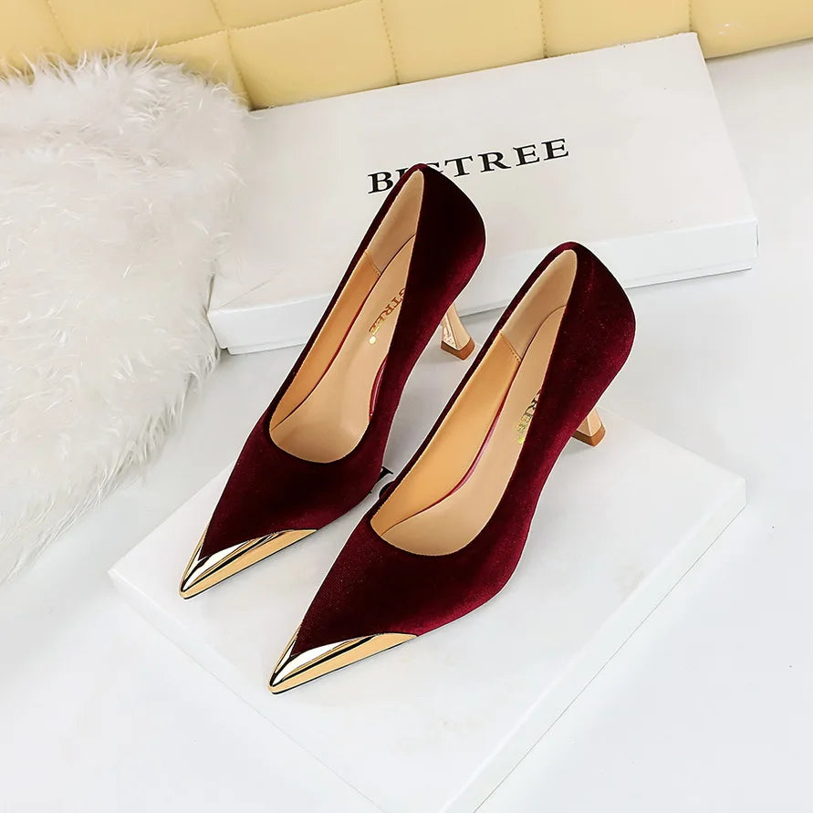 BIGTREE Fashion Sexy Nightclub Slim Wine Glass Pumps High Heel Velvet Shallow Mouth Metal Pointed Party Women's Shoes