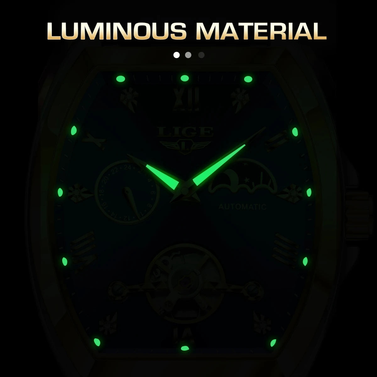 LIGE Luxury Mens Rectangular Dial Mechanical Watches Waterproof Leather Automatic Luminous Watch Business Men relogios masculino