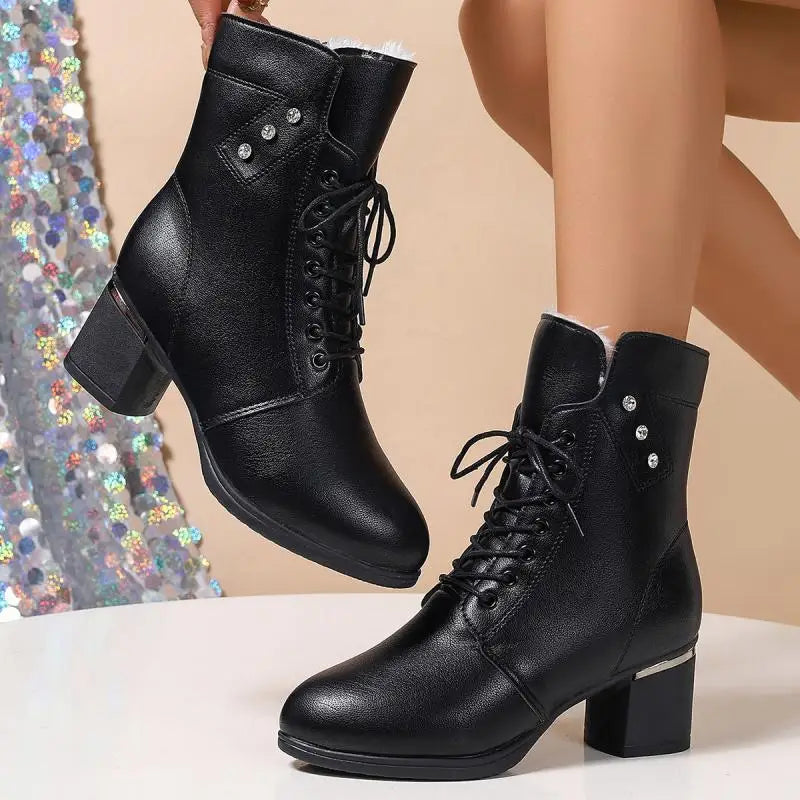 Winter 2024 Women's High Heels Long Plush Warm Ankle Boots Plus Size 42 Thick Square Heeled Motorcycle Boots Woman Shoes Short