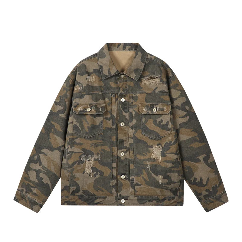 Spring Autumn American Style Denim Jacket Men Fashion Hole Camouflage Turn Down Collar Loose Outerwear Men Casual Denim Jackets