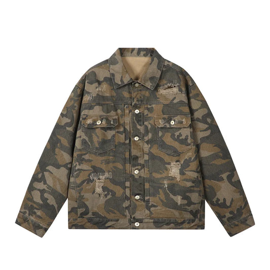 Spring Autumn American Style Denim Jacket Men Fashion Hole Camouflage Turn Down Collar Loose Outerwear Men Casual Denim Jackets