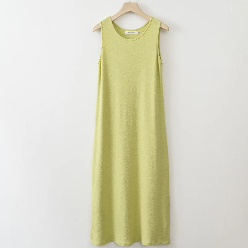 2025 Summer Women Solid Linen V Neck Sleeveless Fashion Dress Split Tank Dress