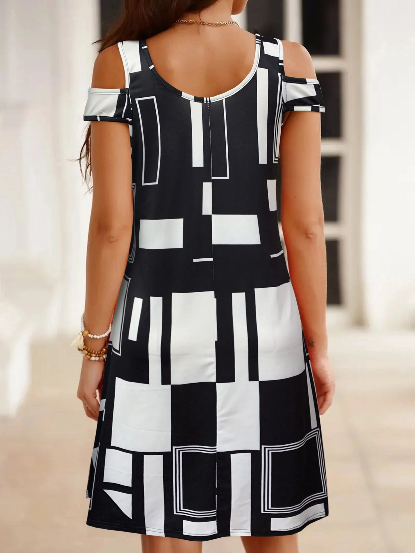 Summer Geometric Pattern Off-shoulder V-Neck Dress For Women,Casual Summer Sundress, Flowy Everyday Mini Dress