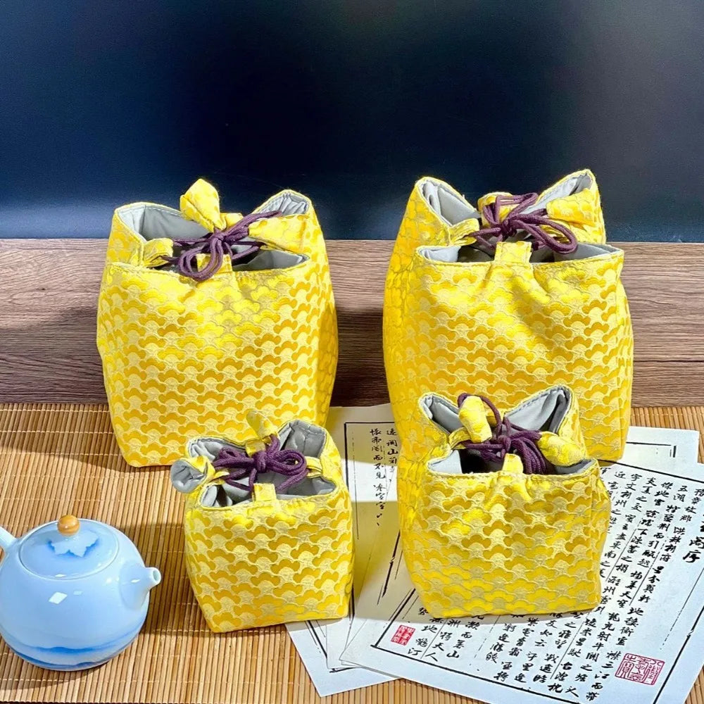 Chinese Style Tea Set Organizer Bag Embroidered Breakage-proof Teacup Drawstring Cloth Pouch Tea Ceremony Accessories