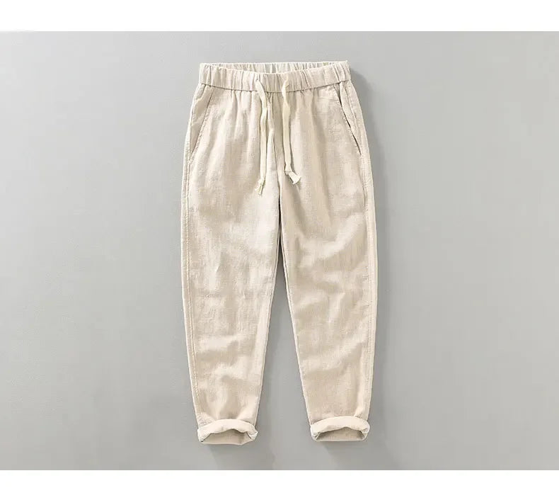 Men's Casual Harem Pants: Ankle-Length Linen Trousers in Vintage White, Brown, and Khaki - Breathable and Pleated for Comfort