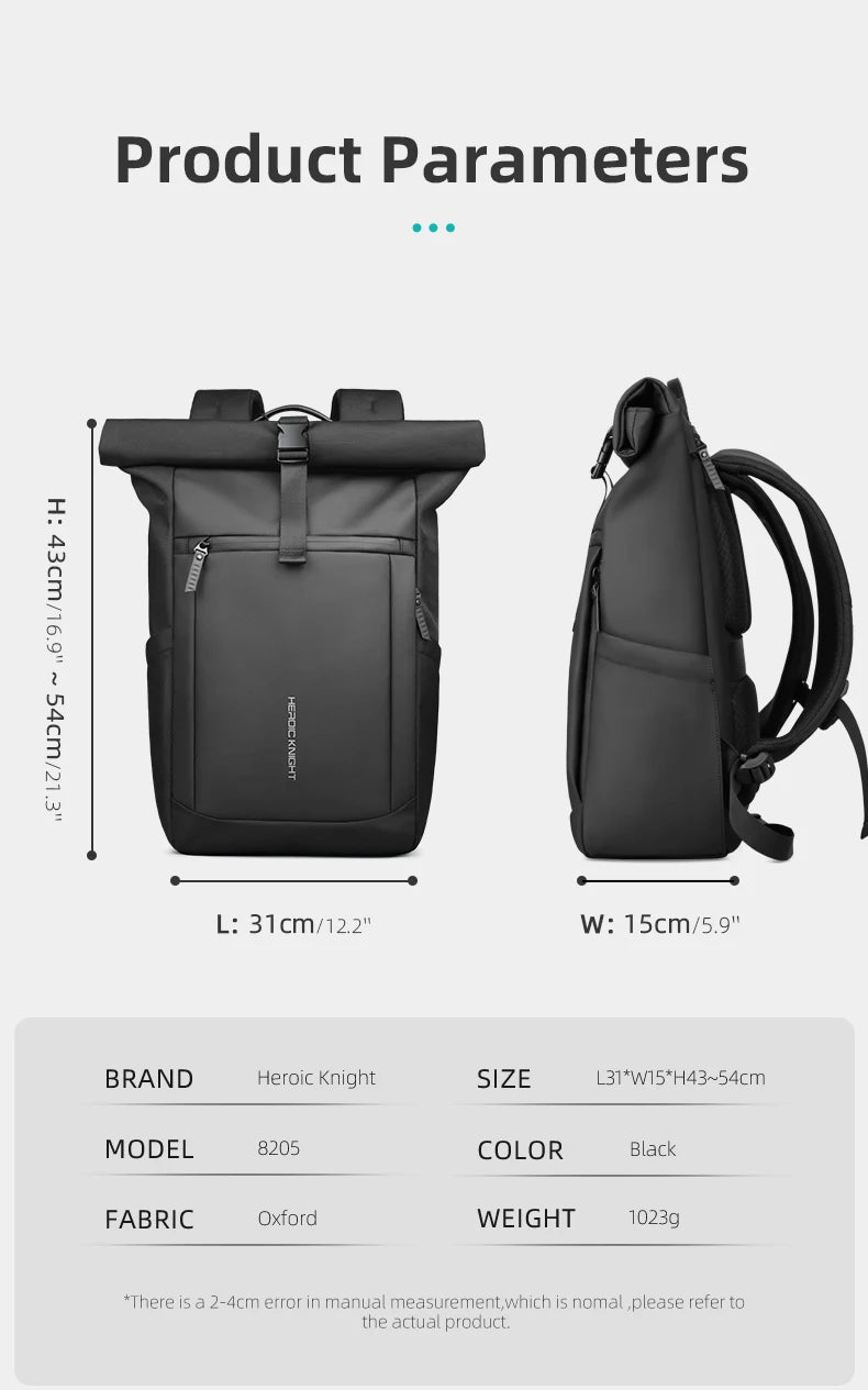 Heroic Knight Rolltop Laptop Backpack Expandable Water-Resistant Compartment Work Men's Stylish Backpack Casual Travel Backpack