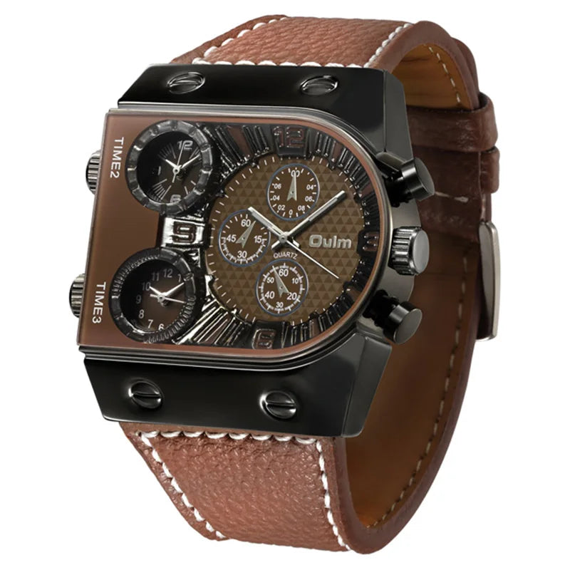 Oulm Top Men's Watches Mens Quartz Casual Leather Strap Wristwatch Sports Man Multi-Time Zone Military Male Watch Clock Relogios