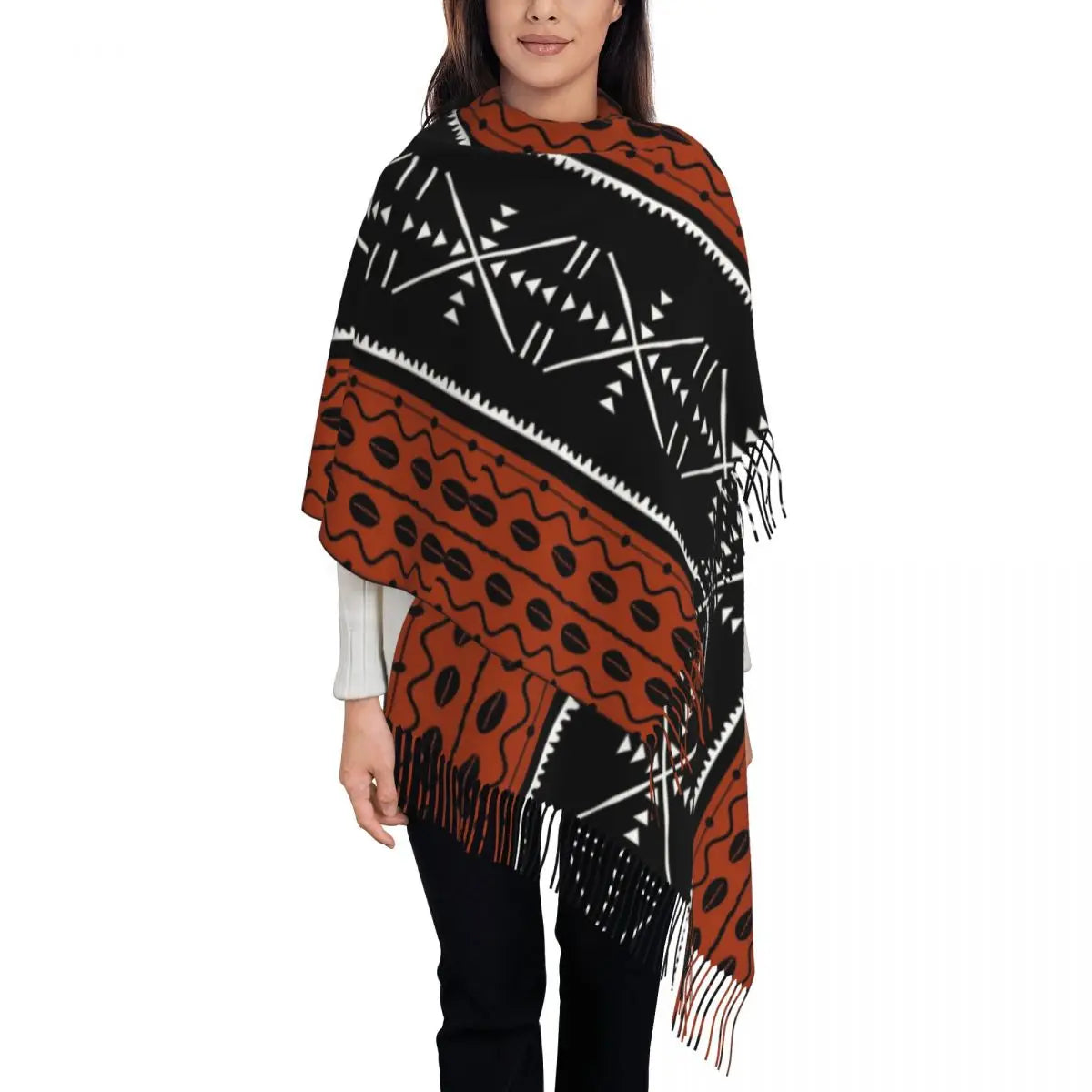 African Bogolan Africa Ethnic Tribal Art  Scarf Tassel Scarves Women Soft Warm Shawls and Wraps Large Fall Winter Shawl Wrap