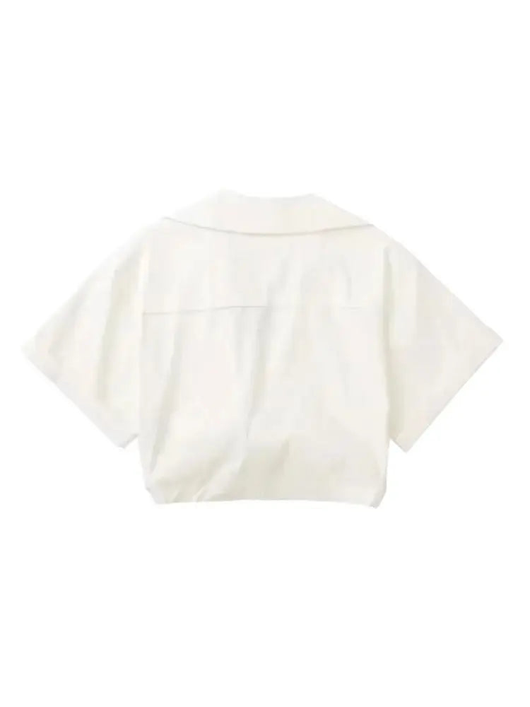 Women Fashion Front Knot Elastic Linen Cropped Shirts Vintage Short Sleeve Patch Pockets Female Blouses Blusa Chic Tops