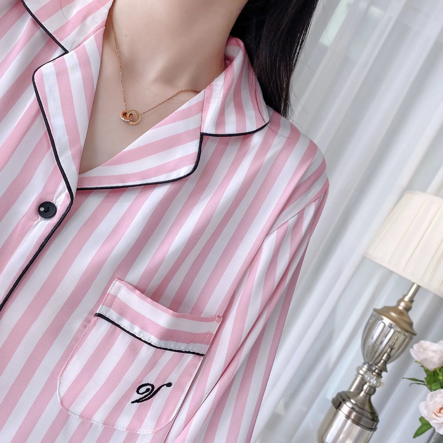 Silky Satin Pajama For Women Striped 2PCS Sleep Set Homewear 2025 Spring New Long Sleeve Trouser Suits Loungewear Nightwear