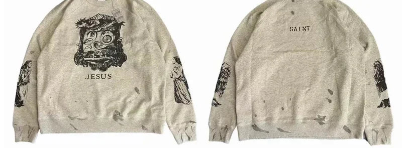 Real Photo Portrait Graffiti Print Saint Hoodie Wash Do Old Destroy Loose Pullover Casual Women Men Sweatshirt