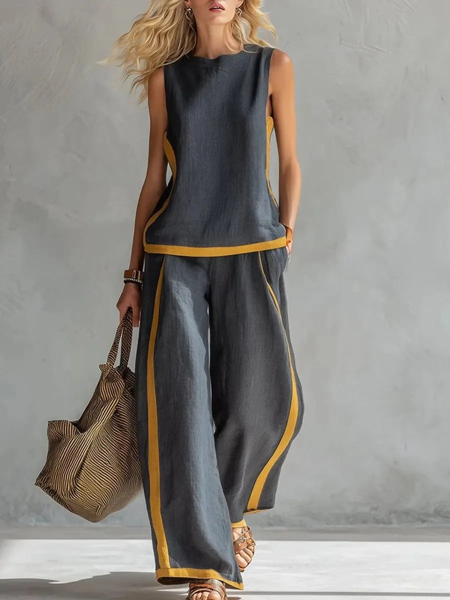 Women Two-piece Sleeveless Contrasting Color Wide-leg Trousers Suit - Loose O-Neck Pocket Sportswear Matching Set for Streetwear