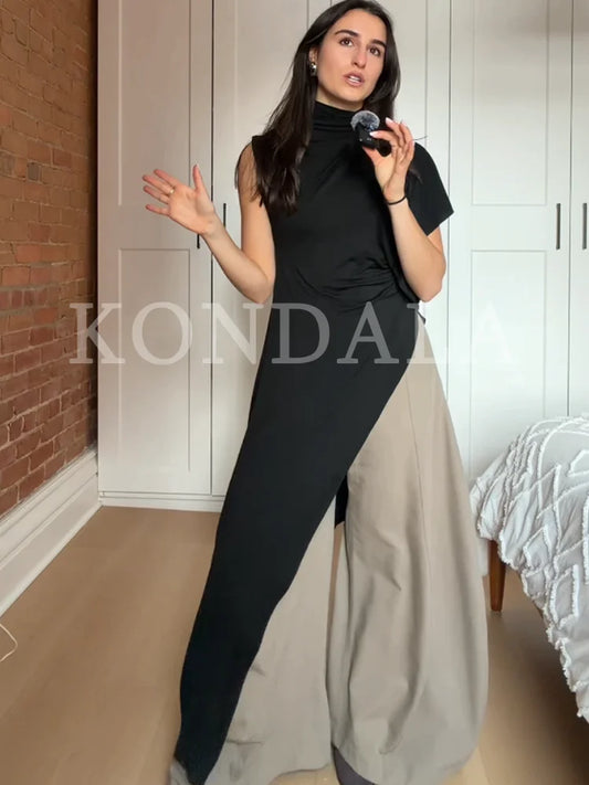 KONDALA Unique Chic Asymmetrical Hem Tops Women Elegant High Neck Long Tops 2026 Spring Summer Trendy High Street Lady Long Tops