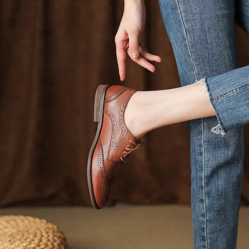 Women's New Round Head Burnt Flower Inner and Outer Leather Cowhide Lace up Large Low Heel Block Oxford Shoes