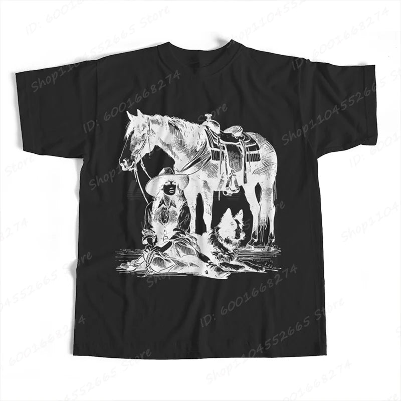Cowgirls Horse Dog Print T-shirts For Women Summer Short Sleeve Round Collar Tee Shirt Ladies Retro Overszied Tees Tops