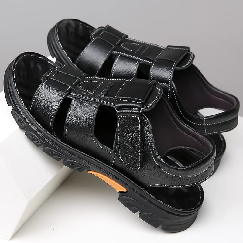 Men's Sandals Adjustable Solid Color Shoes Summer Casual Comfort with Durable Rubber Sole, Breathable PU for Outdoor Walking