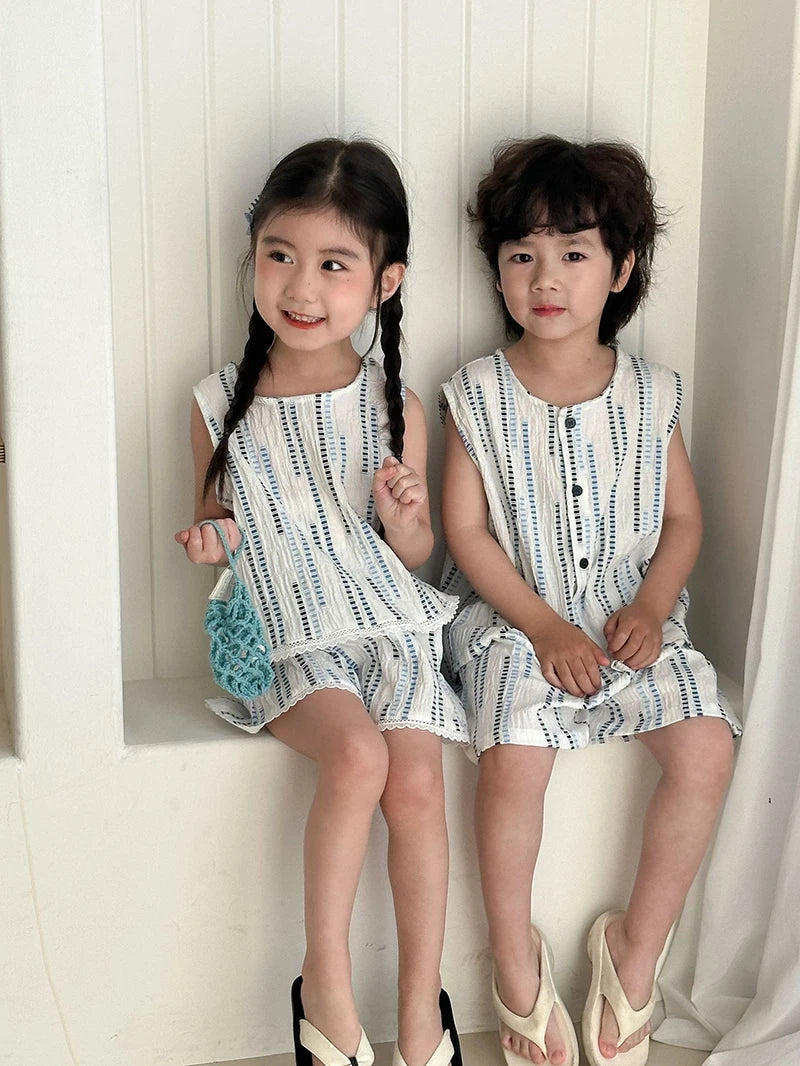 Summer Children's Vest Set Girls Lace Top Suit Kids Embroidered Striped Tank Top and Shorts 2Pcs Boys Casual Suit Sibling Outfit