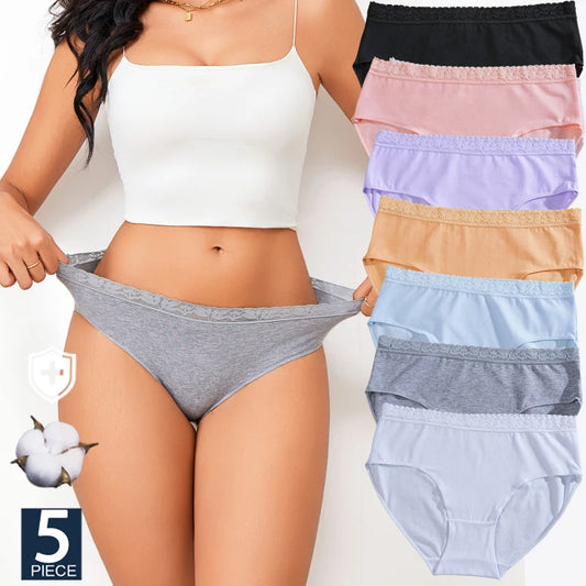 FINETOO 5PCS/Set Women Cotton Panties Sexy Low Waist Briefs Lace Cotton Female Comfortable Underwear Solid Color Soft Lingerie