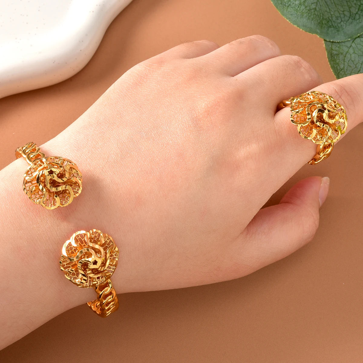 African Gold Plated Floral Cuff Bangle  Ring Set for Women Arabic Pattern Daily Jewelry Gift
