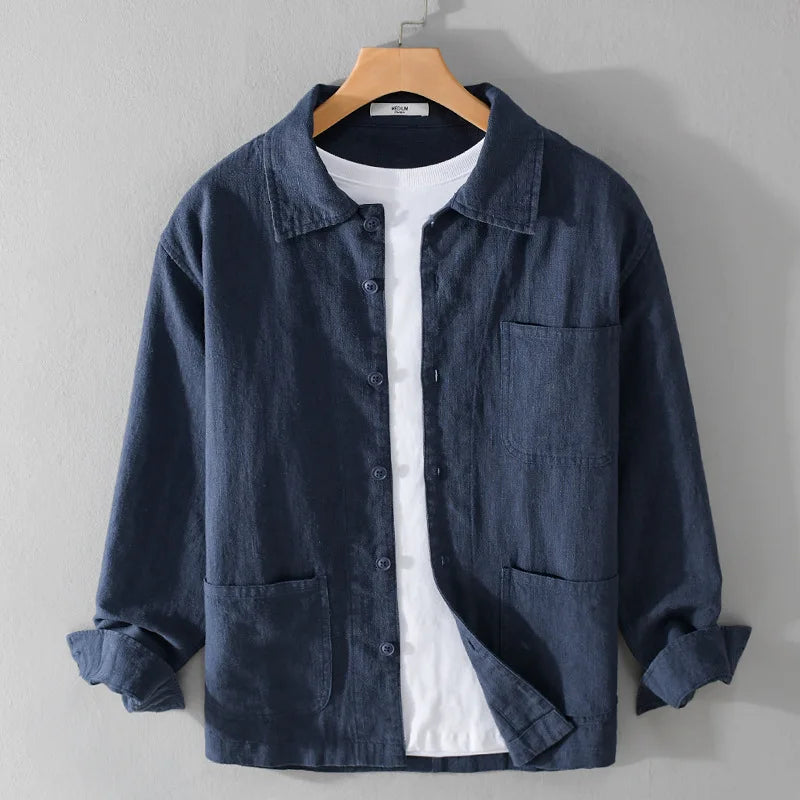 Autumn Retro Tooling Linen Jacket For Men Japanese Styles Sold Color Simple Versatile Multi-pocket Male Thin Jackets and Coats