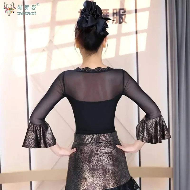 Women New Ballroom Dance Competition Clothing Black Long Sleeve Top Big Swing Skirt Suit Waltz Foxtrot Tango Modern Dance Dress