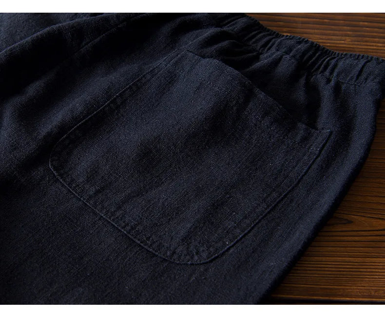 70% Linen,30% Cotton Men's Drawstring Elastic Waist Casual Pants, Straight Loose Ramie Trousers, Camping Fishing Comfortable